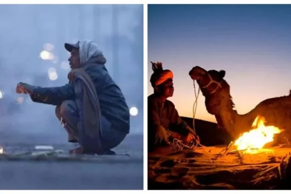 People by fire in different settings.