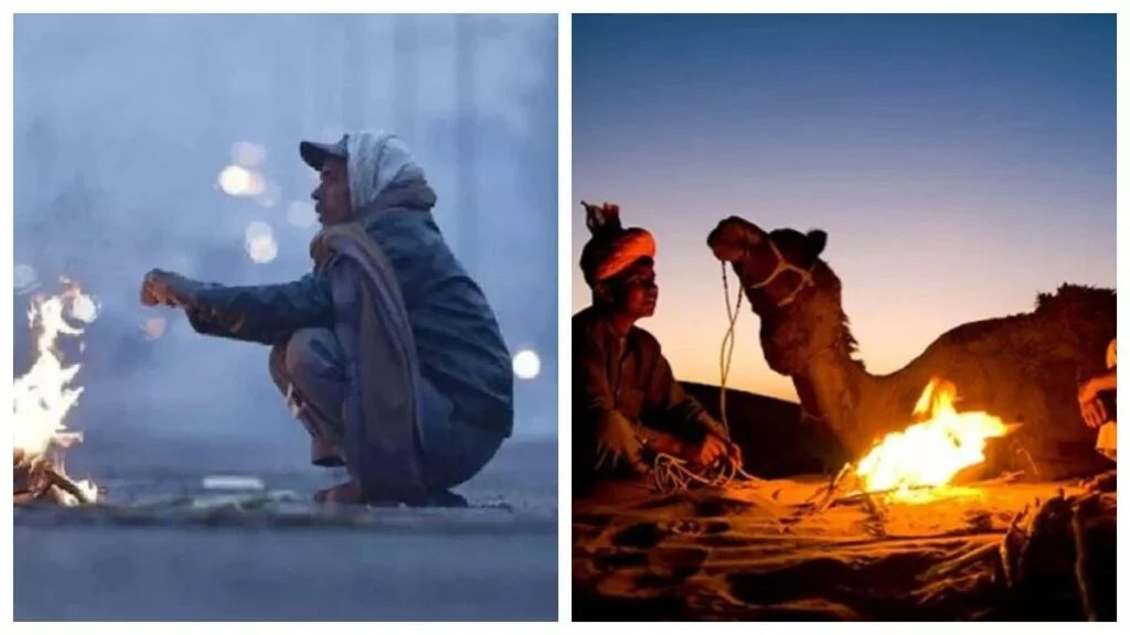 People by fire in different settings.